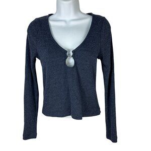 Chaser Womens Blue Ribbed Long Sleeve Top W/ Ring Detail Size S